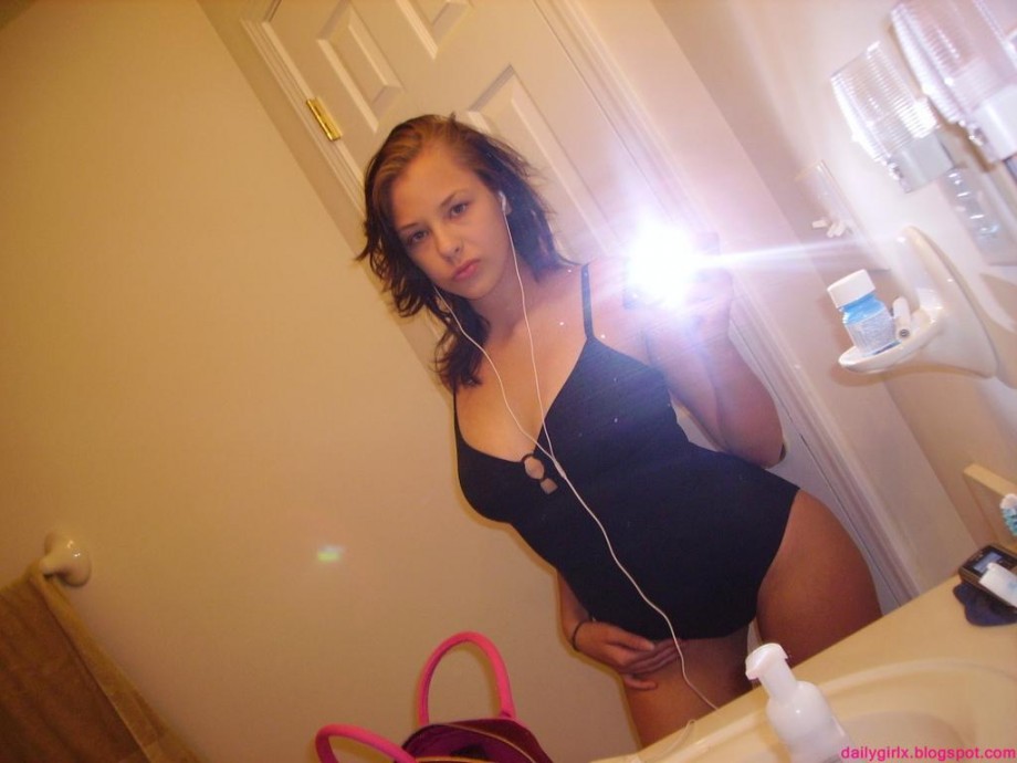 Selfshot pics - cute teen showing tits in bathroom