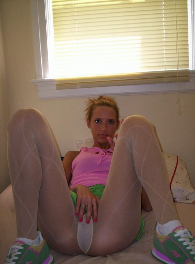 Blonde in pink top white pantyhose 