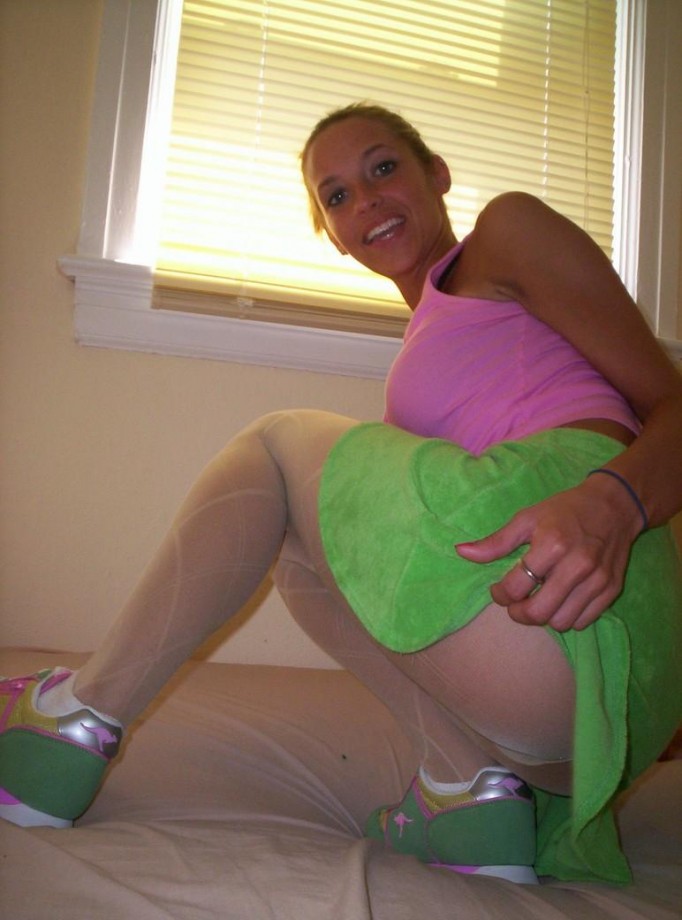 Blonde in pink top white pantyhose 