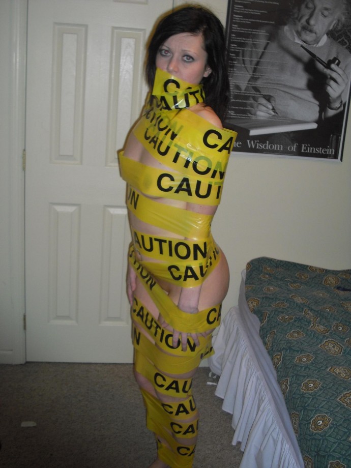 Tight blonde with caution tape